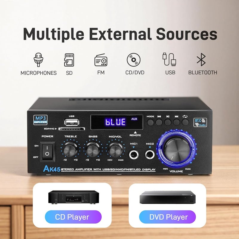Wtoolfex مضخم صوت منزلي ستيريو AK45 مع مستقبل بلوتوث 5.0، 300 واط + 300 واط مضخم صوت HiFi بلوتوث 2.0 قناة RMS 40 واط × 2 نظام ستيريو منزلي مع جهاز تحكم عن بعد، ميكروفون، USB، RCA، راديو FM - Image 2